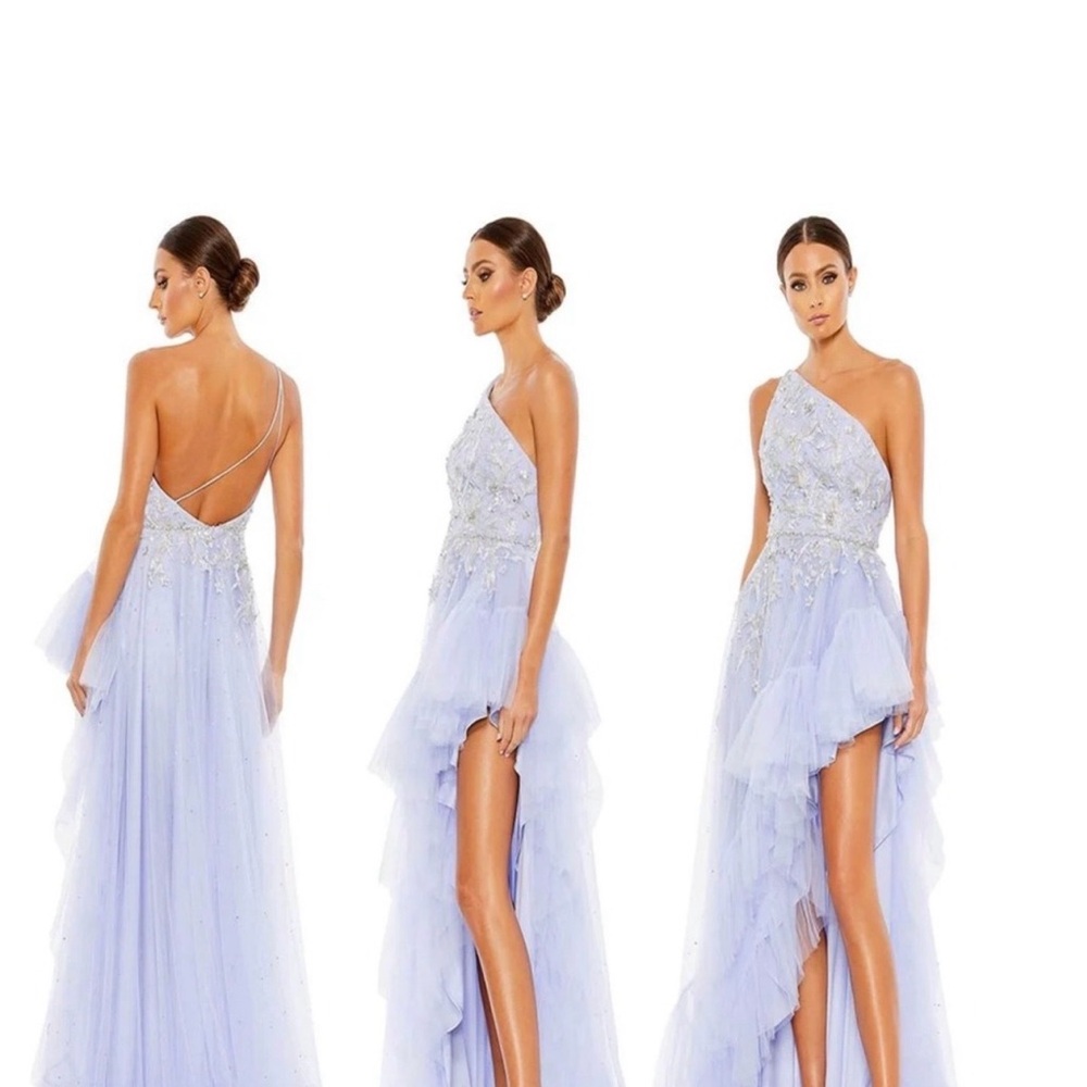 NWOT Mac Duggal Lavender One-Shoulder Beaded High-Low Gown. Size 10